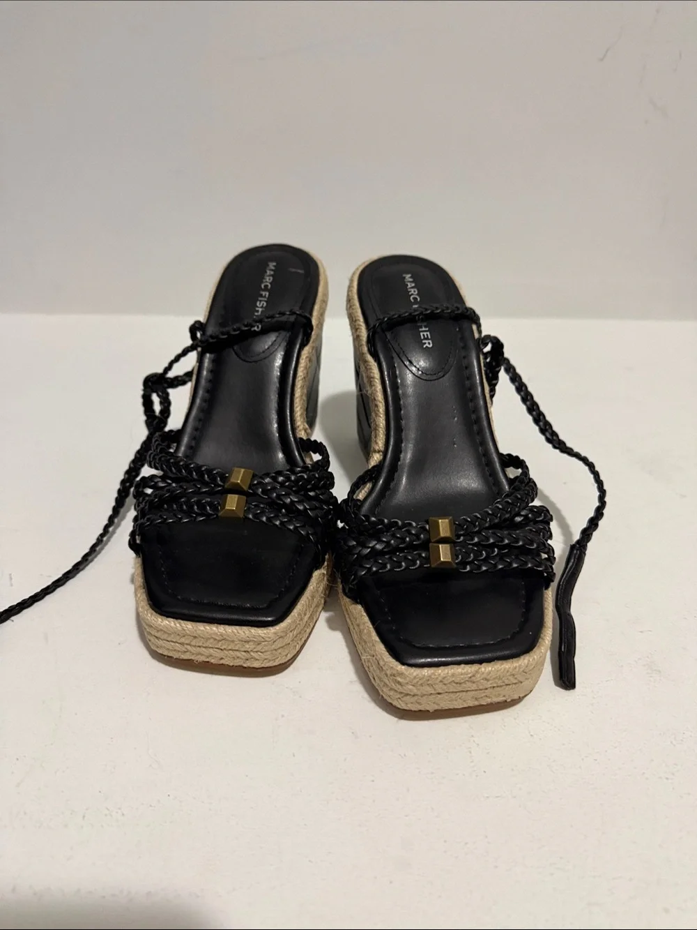 Marc Fisher Black Braided Espadrille Wedge Sandals with Gold Accents